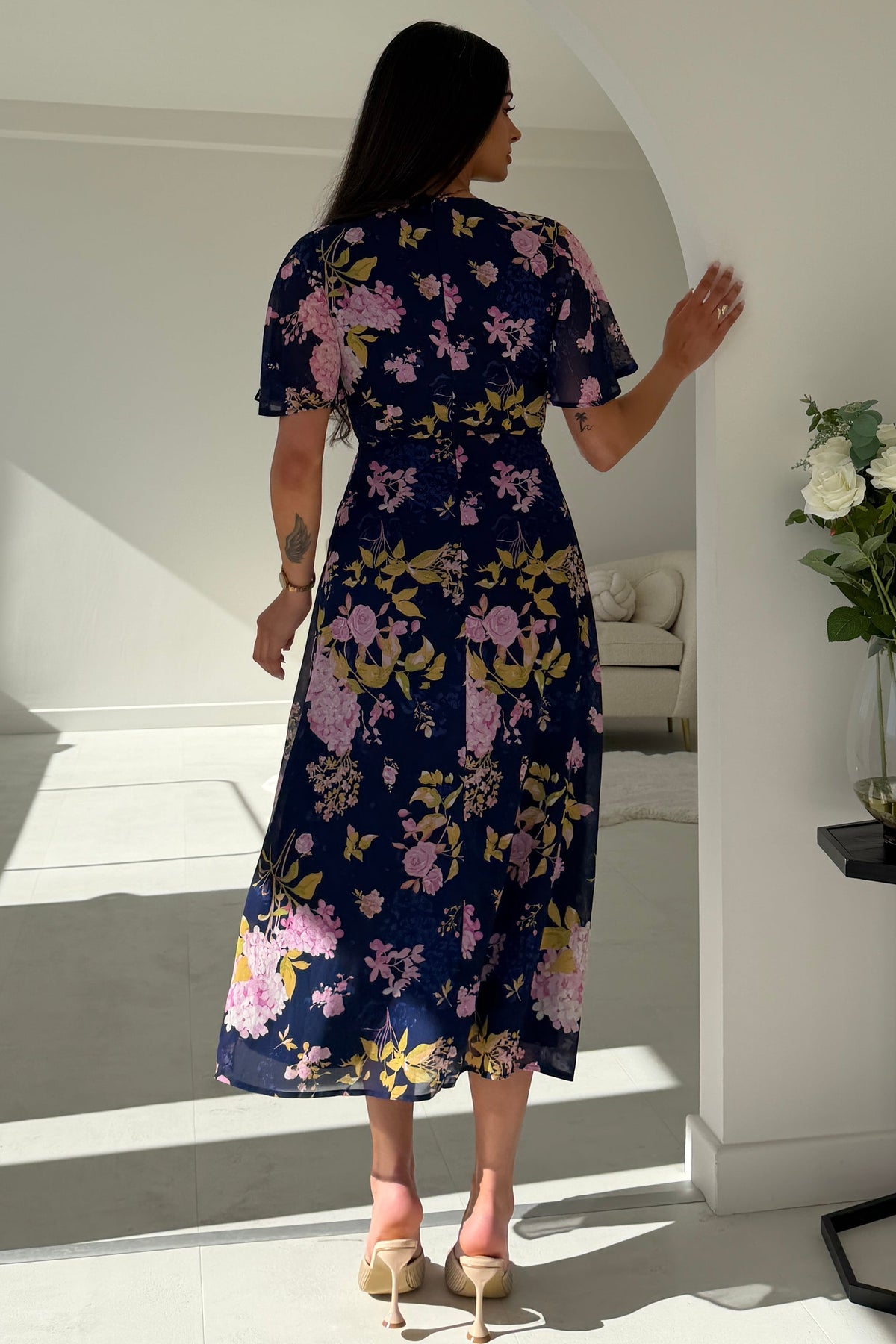 Daisy Wrap Neck Twist Detail Midi Dress Navy (sale)