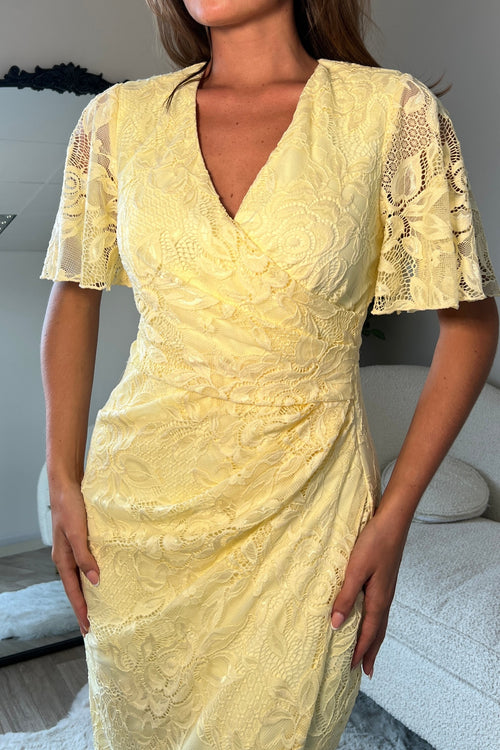 Angel Sleeve Wrap Midi Dress In Yellow Lace (sale)