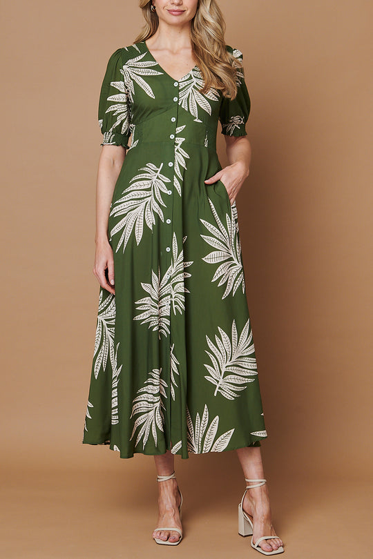 Leaf Print Puff Sleeve Maxi Dress in GREEN