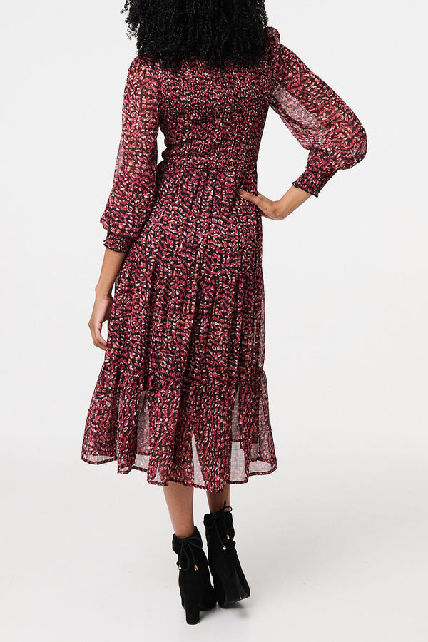 Ditzy Floral smock Midi Dress in Rust