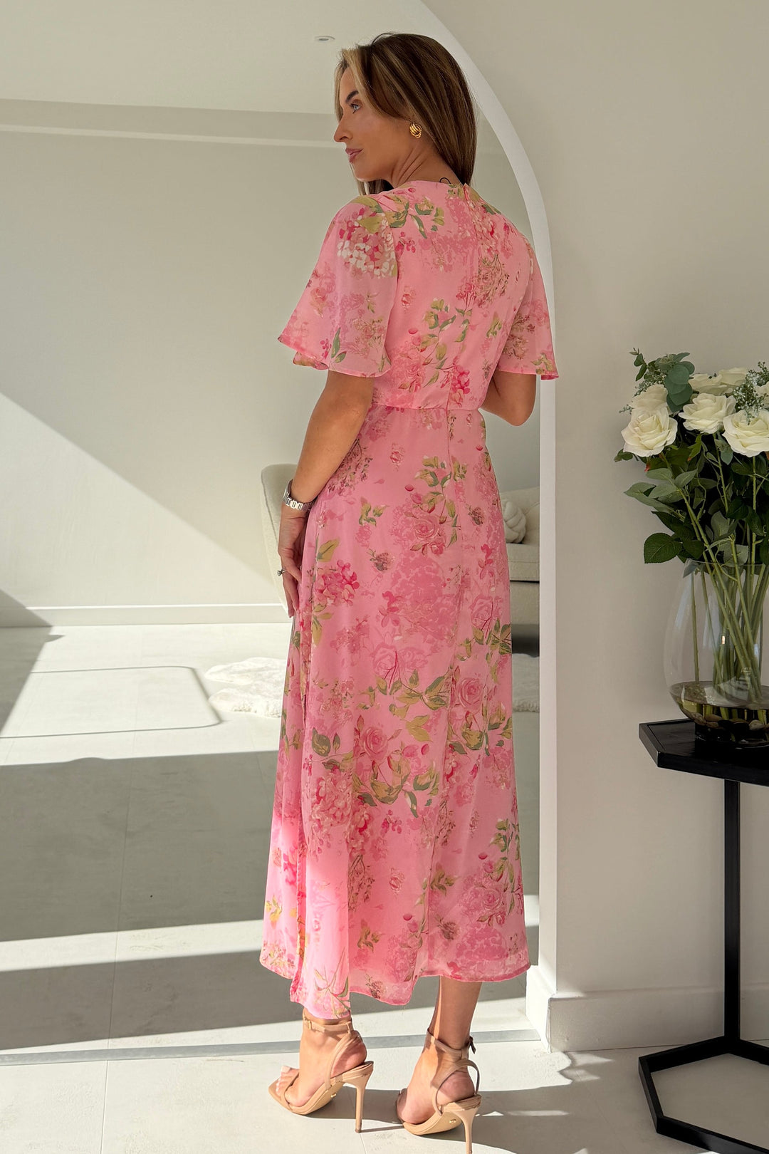 Daisy Wrap Neck Twist Detail Midi Dress in pink