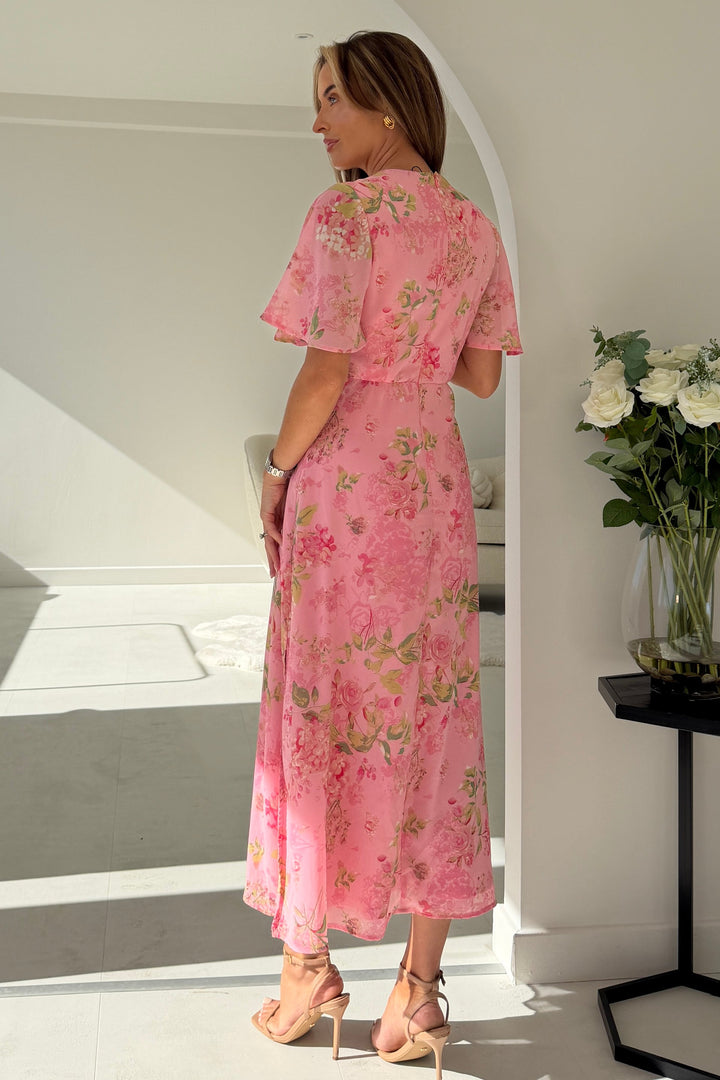 Daisy Wrap Neck Twist Detail Midi Dress in pink