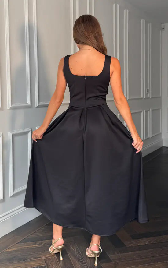 Erica square neck pleated midi dress in Black