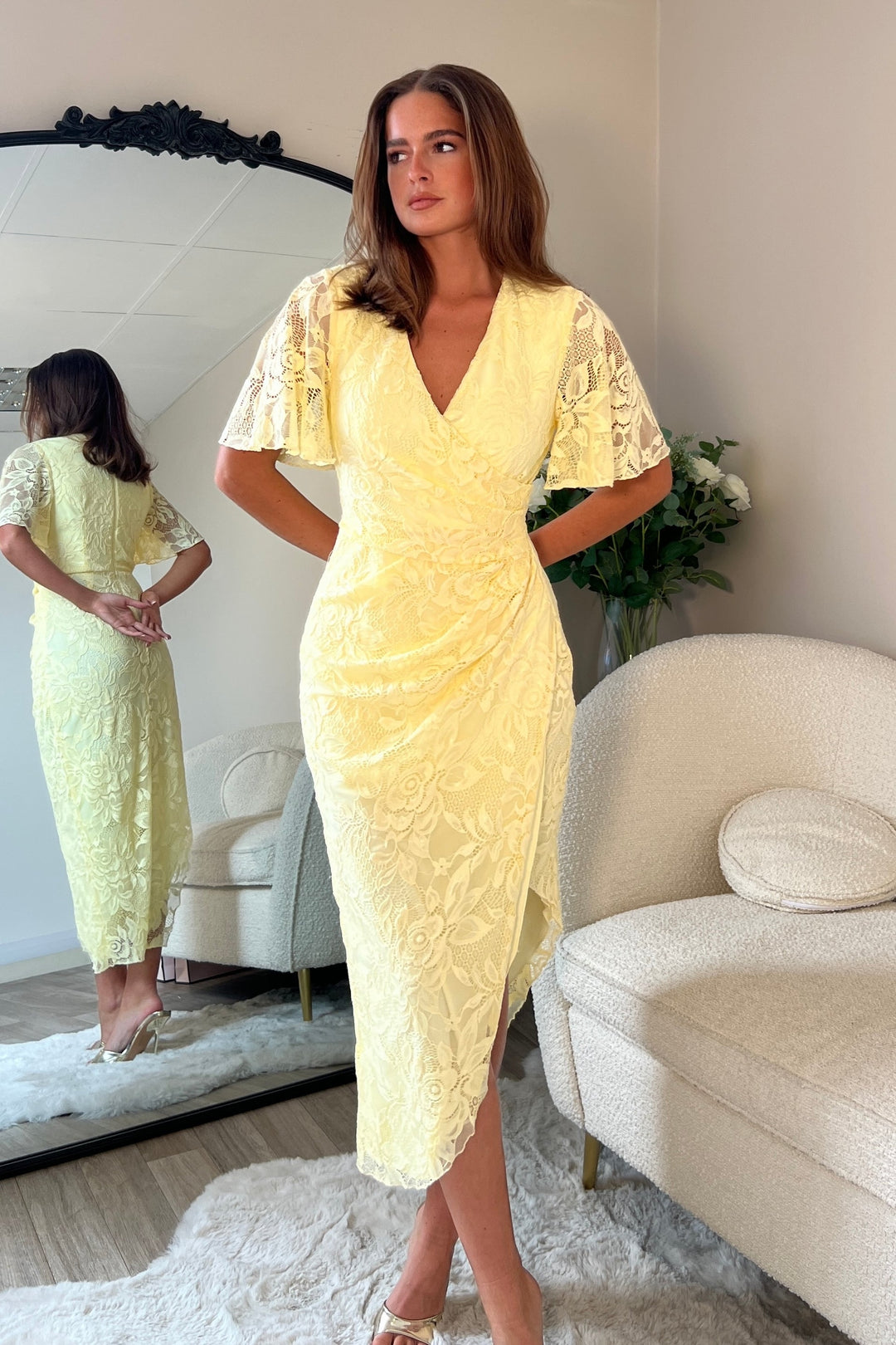 Angel Sleeve Wrap Midi Dress In Yellow Lace