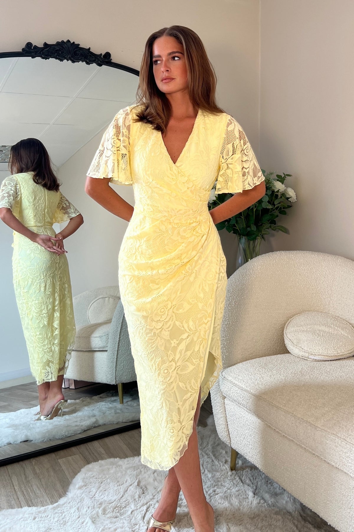 Angel Sleeve Wrap Midi Dress In Yellow Lace (sale)