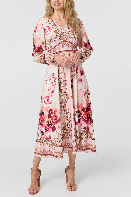 Floral Border Long Sleeve Maxi Dress in PINK