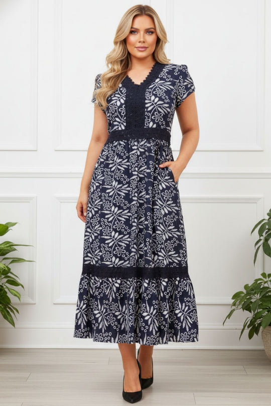 Leaf Print Lace Trim Midi Dress in NAVY