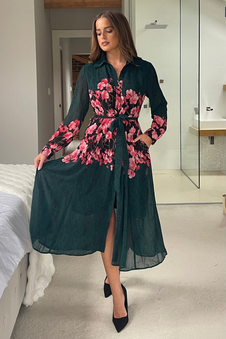 Green floral shirt dress