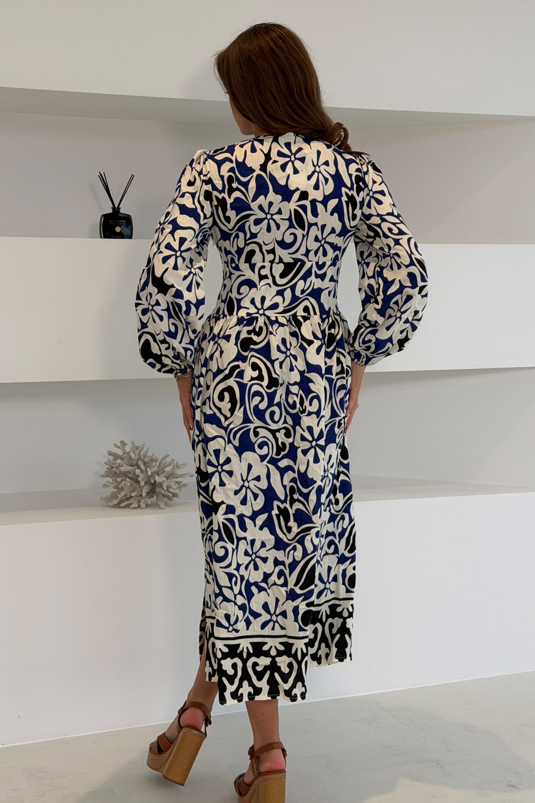 Border Print Long Sleeve Maxi Dress Blue
