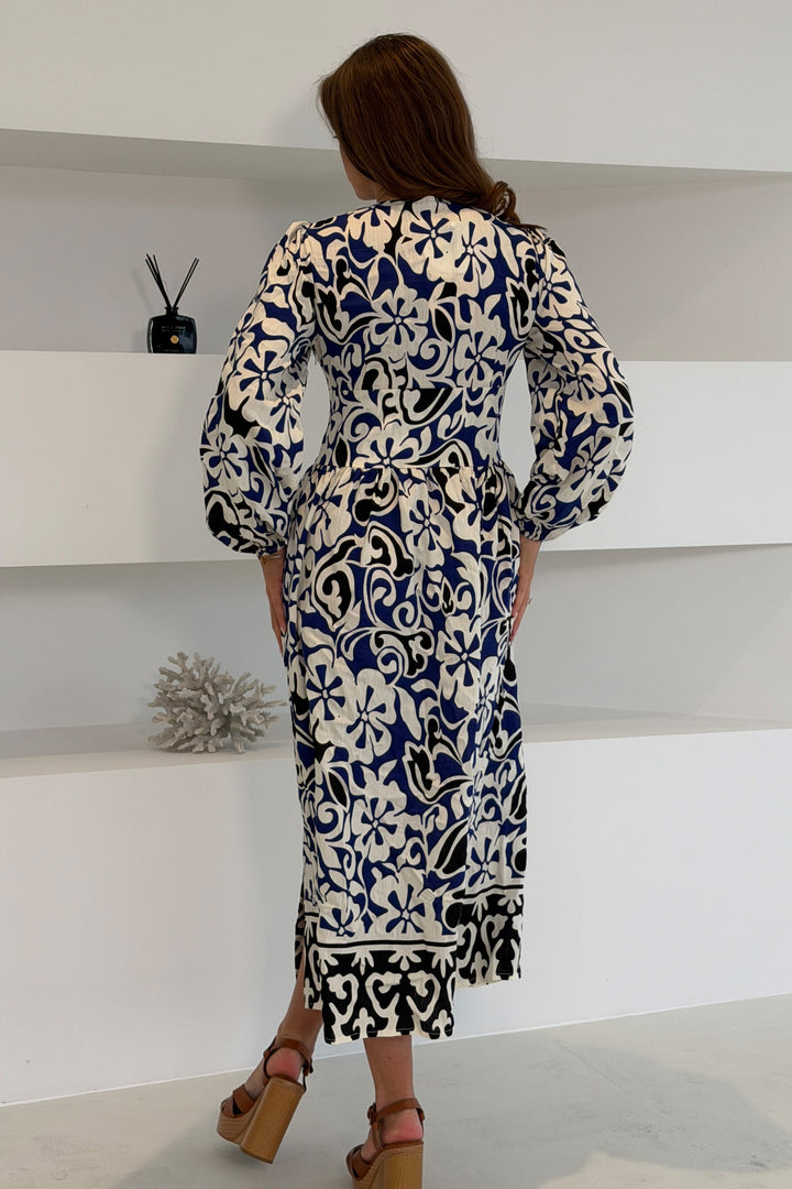 Border Print Long Sleeve Maxi Dress Blue