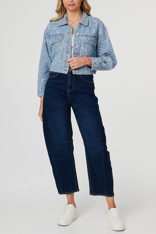 Floral Printed Cropped Denim Jacket in Denim