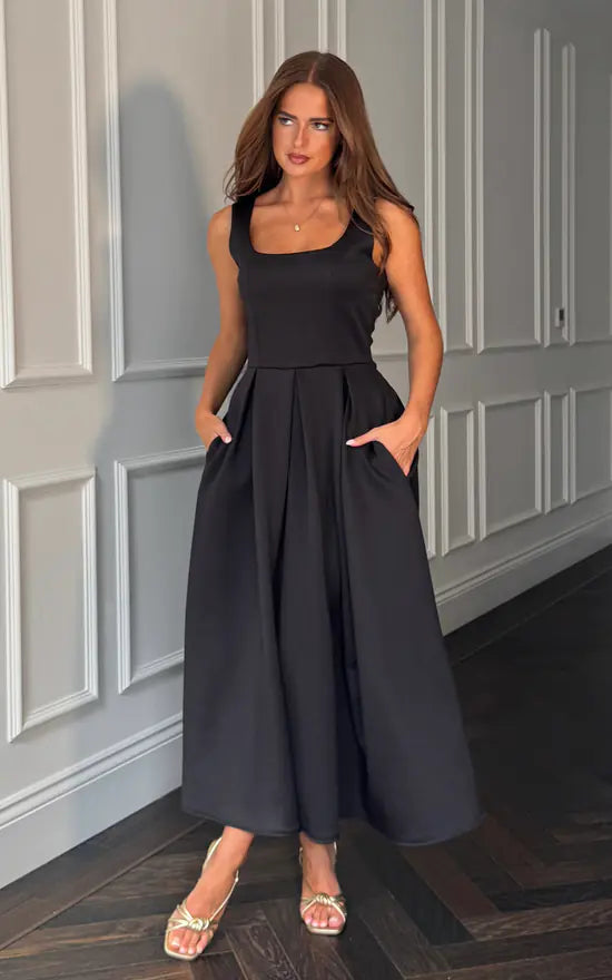 Erica square neck pleated midi dress in Black