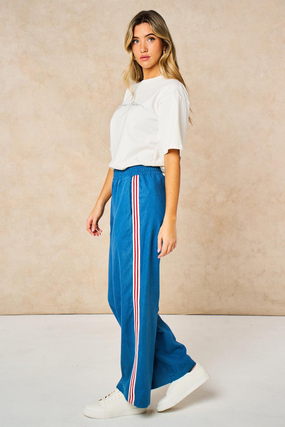 Striped Trim Wide Leg Trousers in Denim Blue
Cotton blend