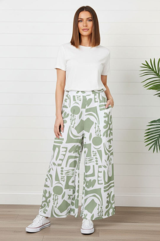 Abstract High Waist Palazzo Trousers in SAGE