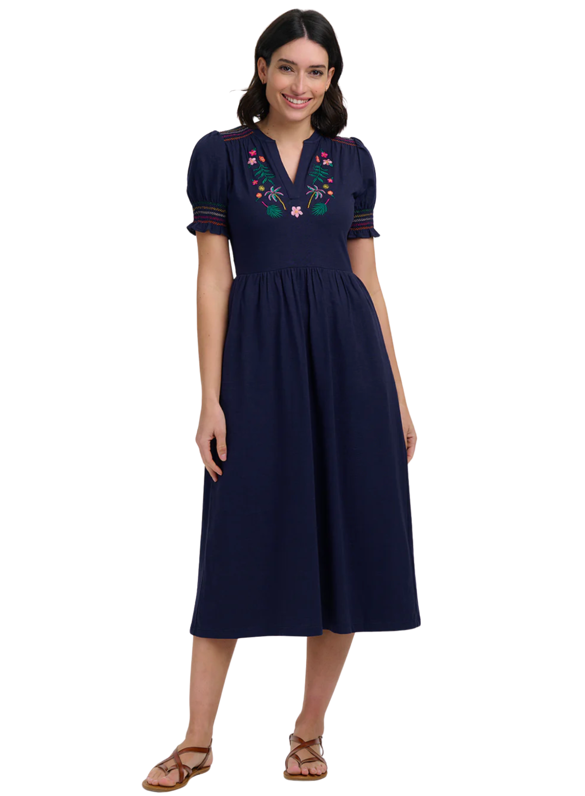Sugarhill Brighton Esme Jersey Midi Dress Navy, Tropic Palm Embroidery (sale)