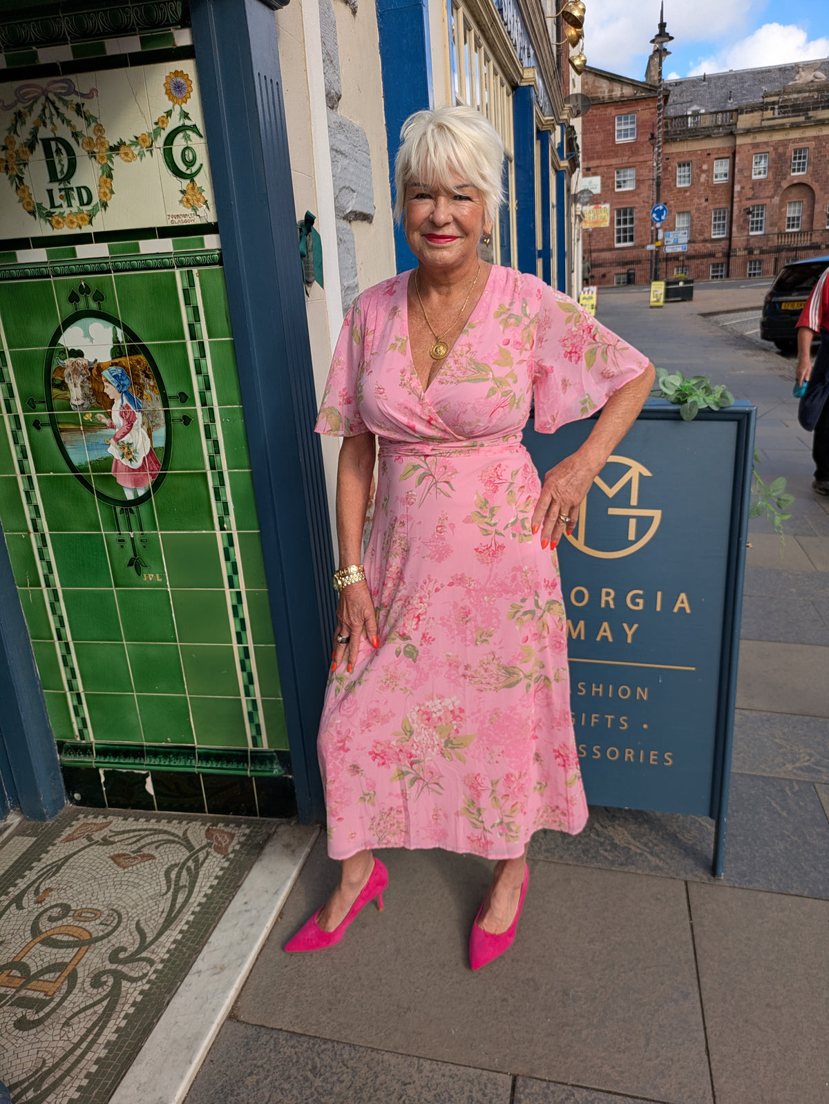 Daisy Wrap Neck Twist Detail Midi Dress in pink (sale)
