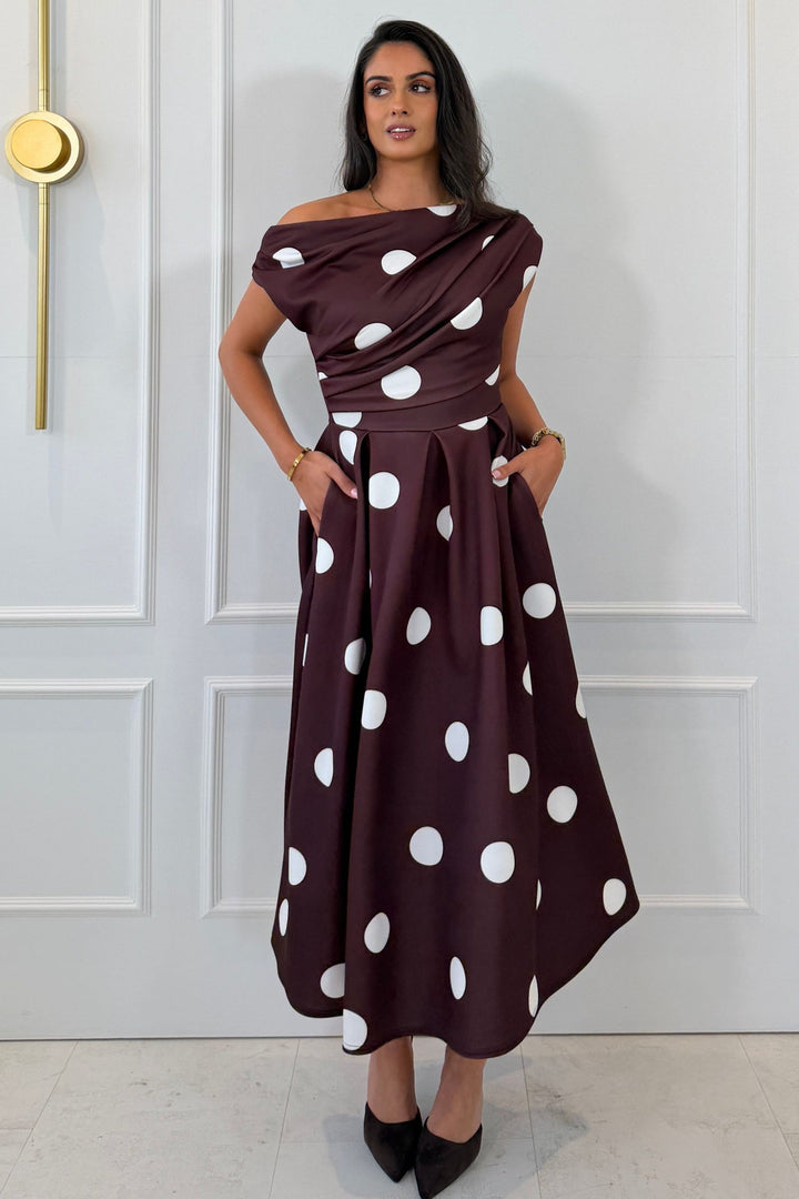Betty Asymmetric Neckline Skater Midi Large Brown Polka (coming soon )