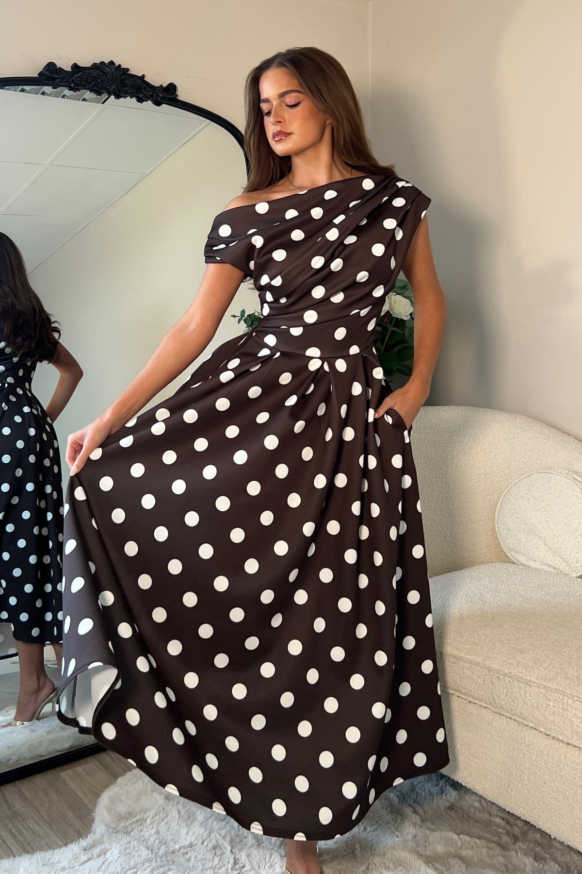 Betty Asymmetric Neckline Skater Midi Brown Polka Dot