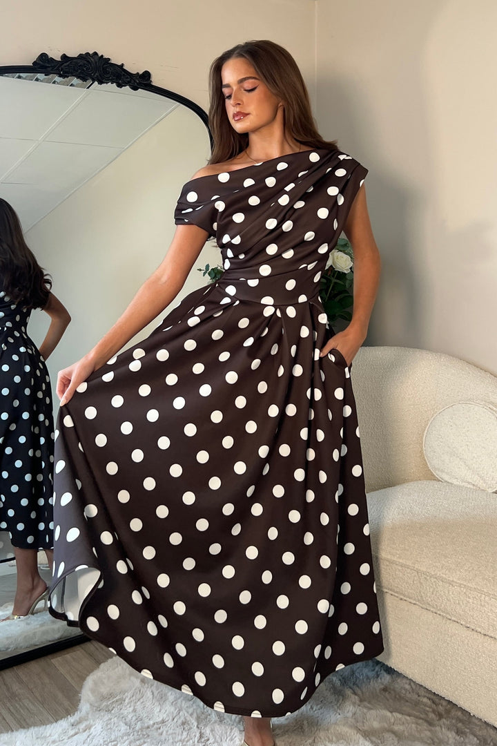 Betty Asymmetric Neckline Skater Midi Brown Polka Dot