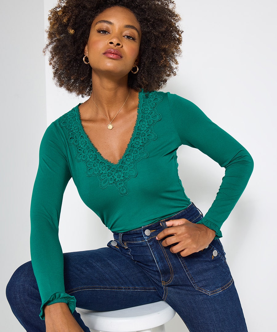 Vivian lace trim v neck top
