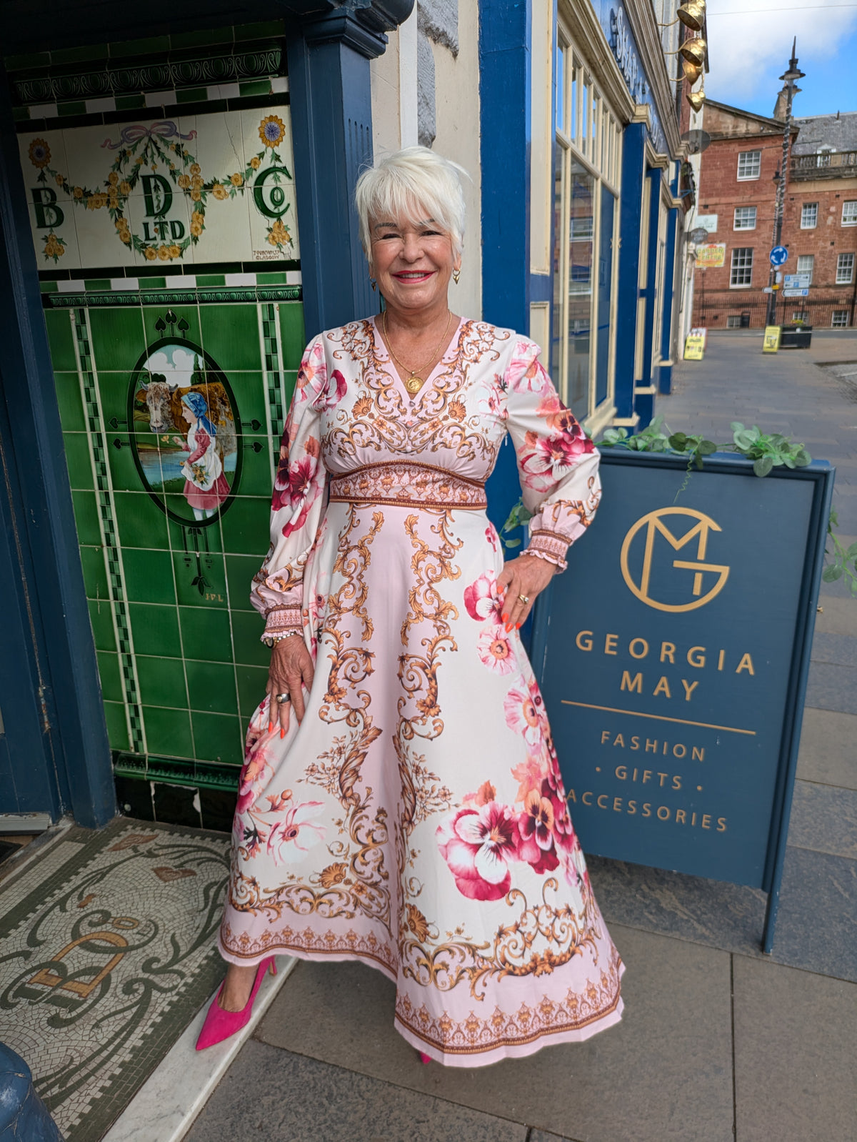 Floral Border Long Sleeve Maxi Dress in PINK (sale)