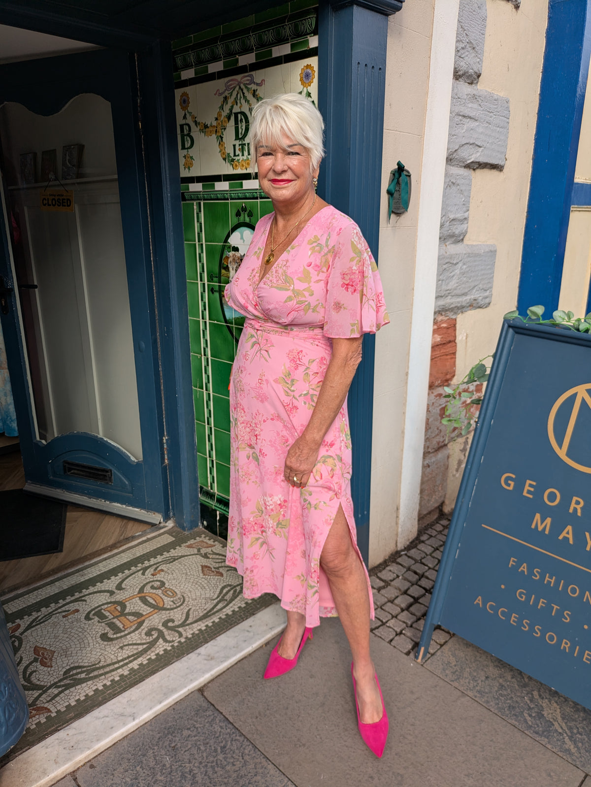 Daisy Wrap Neck Twist Detail Midi Dress in pink (sale)