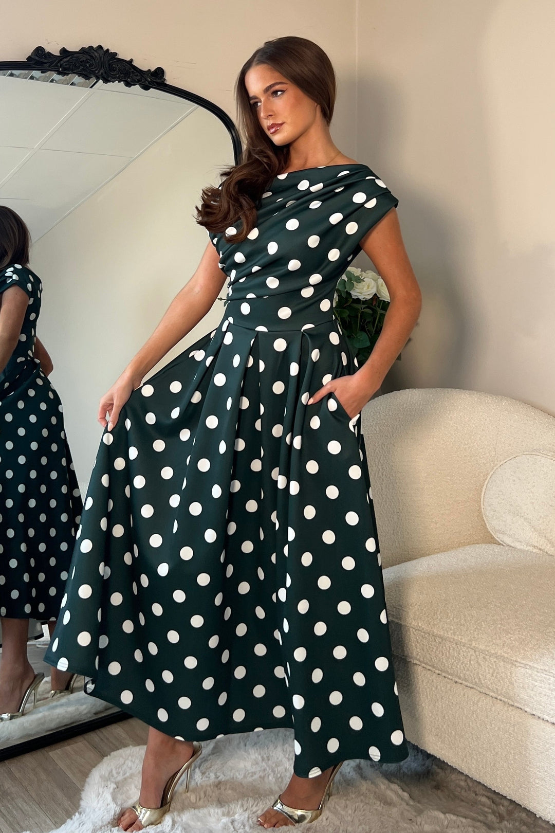 Betty Asymmetric Neckline skater Midi green spot