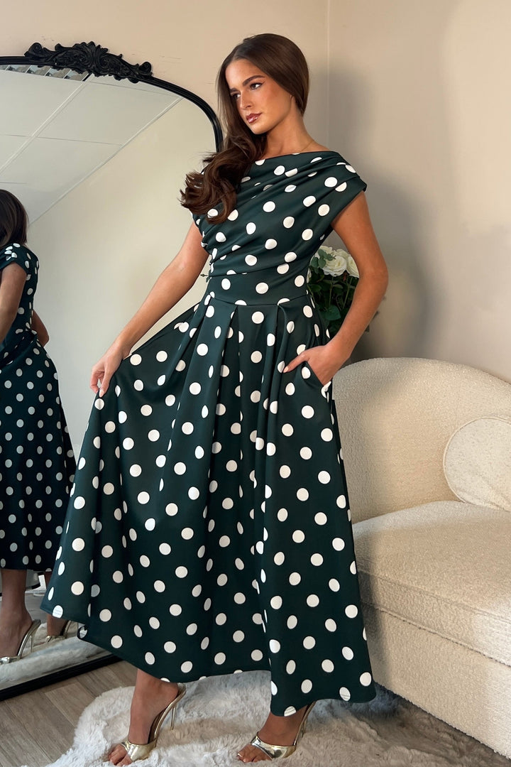 Betty Asymmetric Neckline skater Midi green spot
