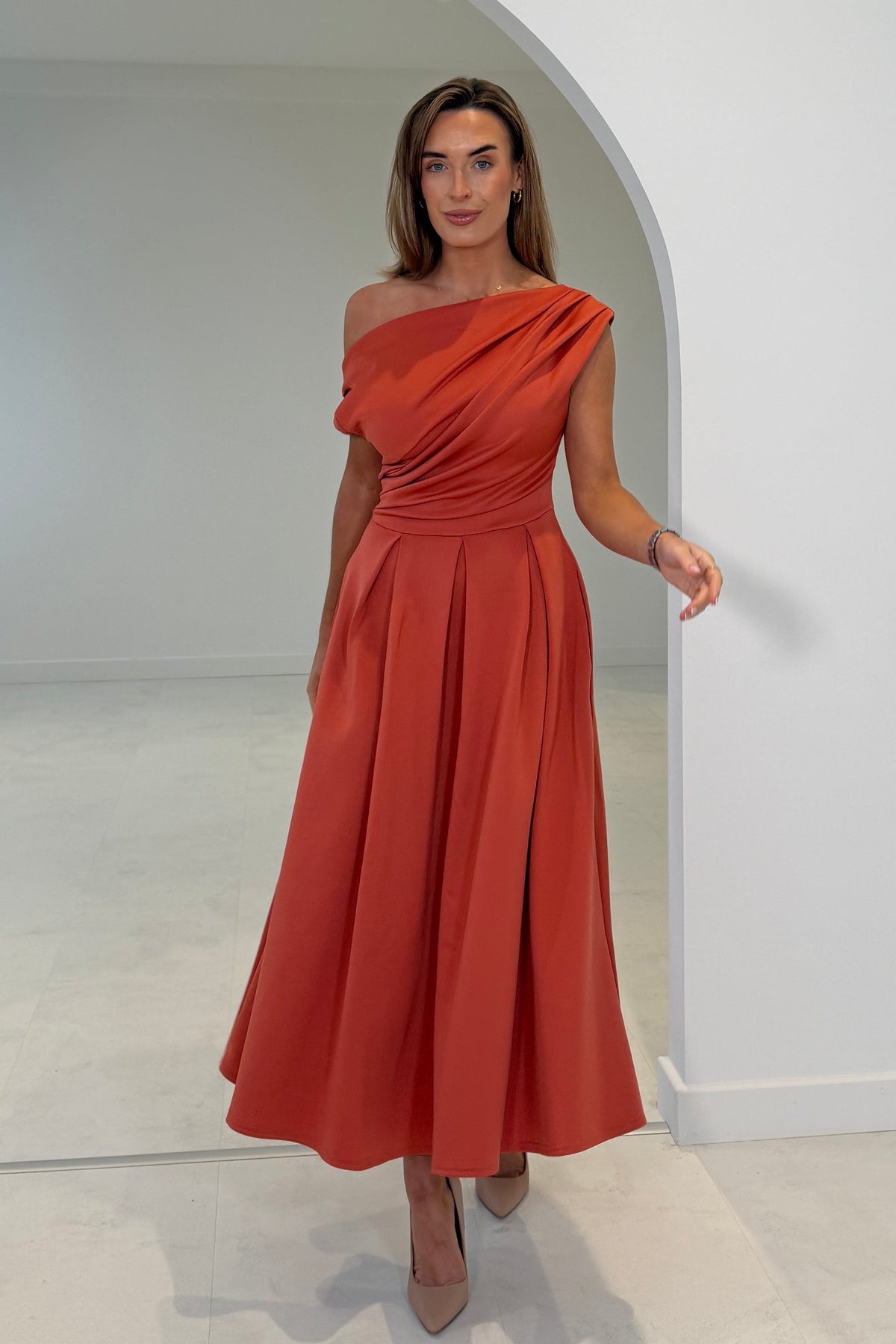 Betty Asymmetric Dress in clay