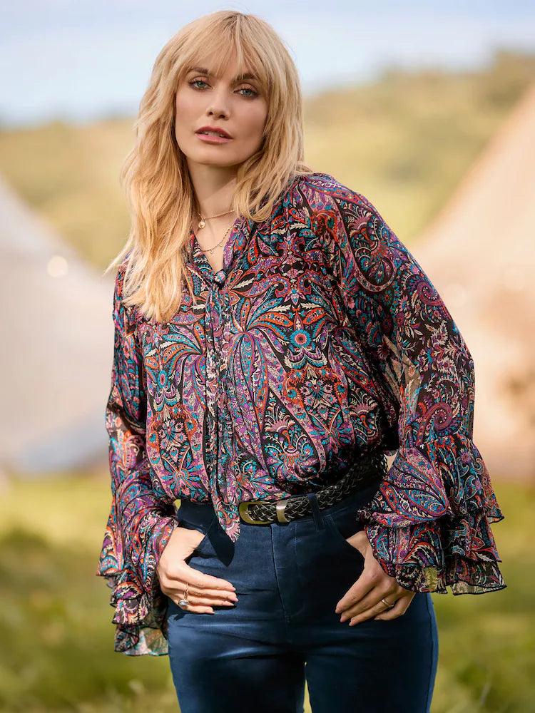 Joe Brown Boho Print Tie Neck Blouse With Ruffle Sleeve Detail