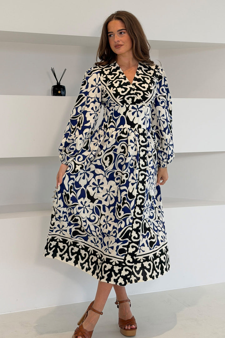 Border Print Long Sleeve Maxi Dress Blue
