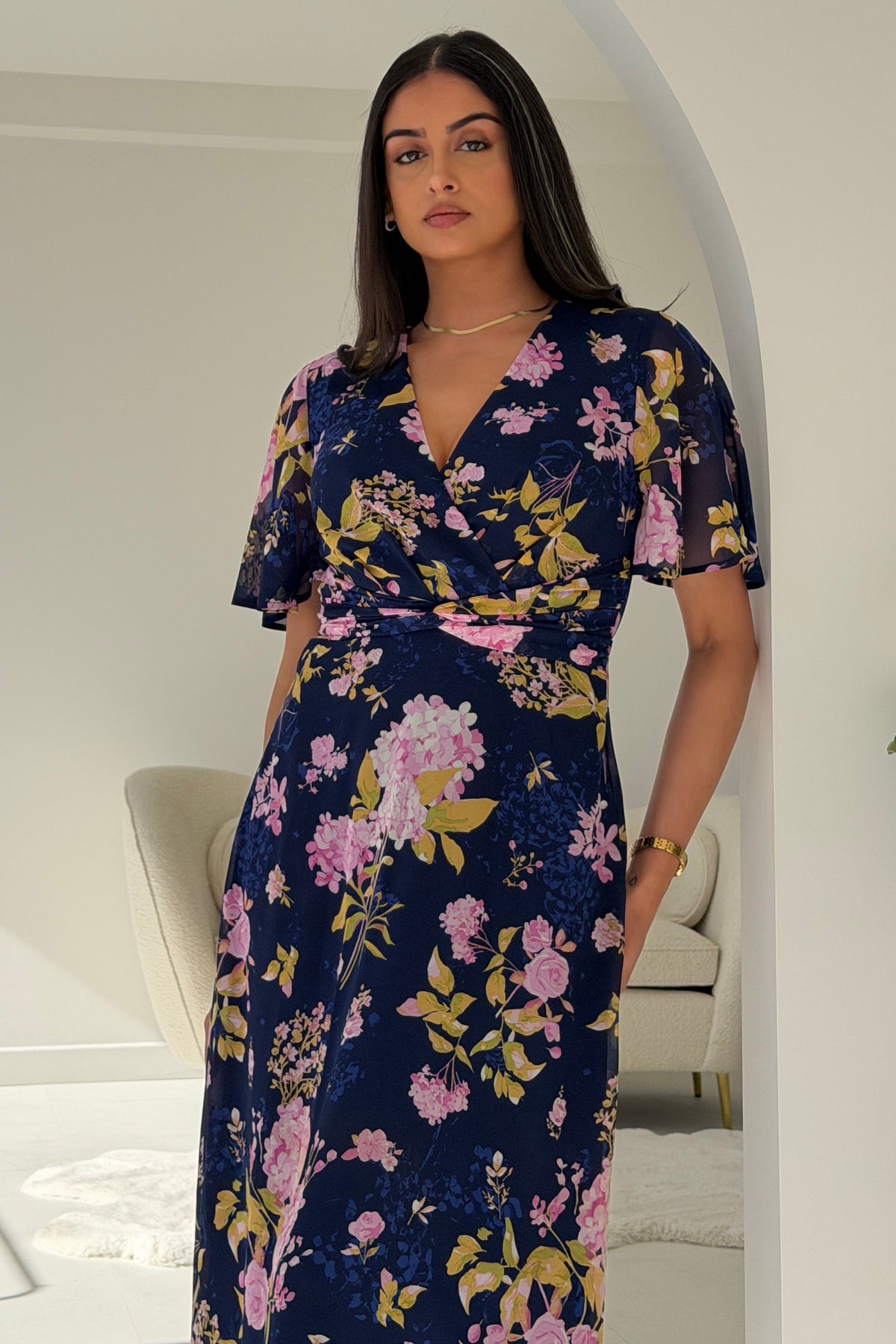 Daisy Wrap Neck Twist Detail Midi Dress Navy (sale)