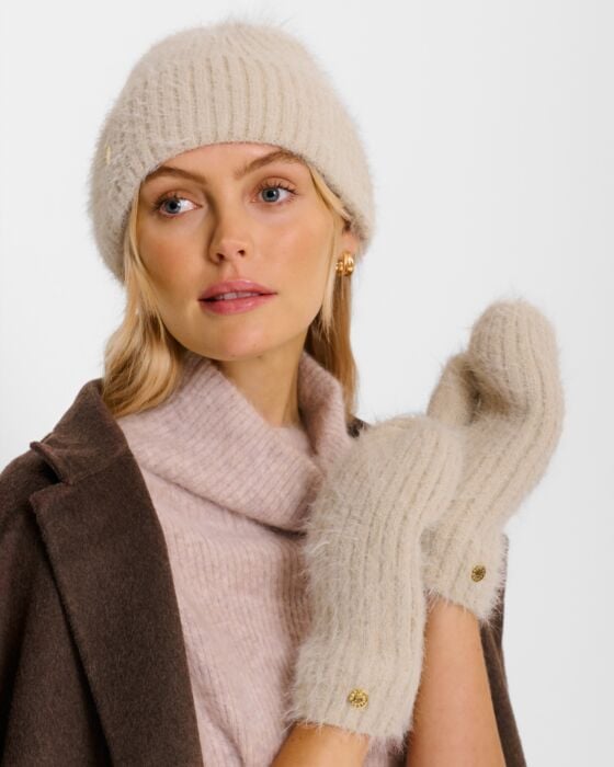 Taupe winter wishes Hat and Mittens set