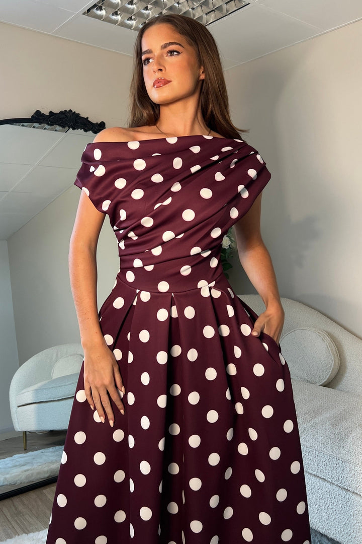 Betty Asymmetric Neckline skater Midi Berry spot