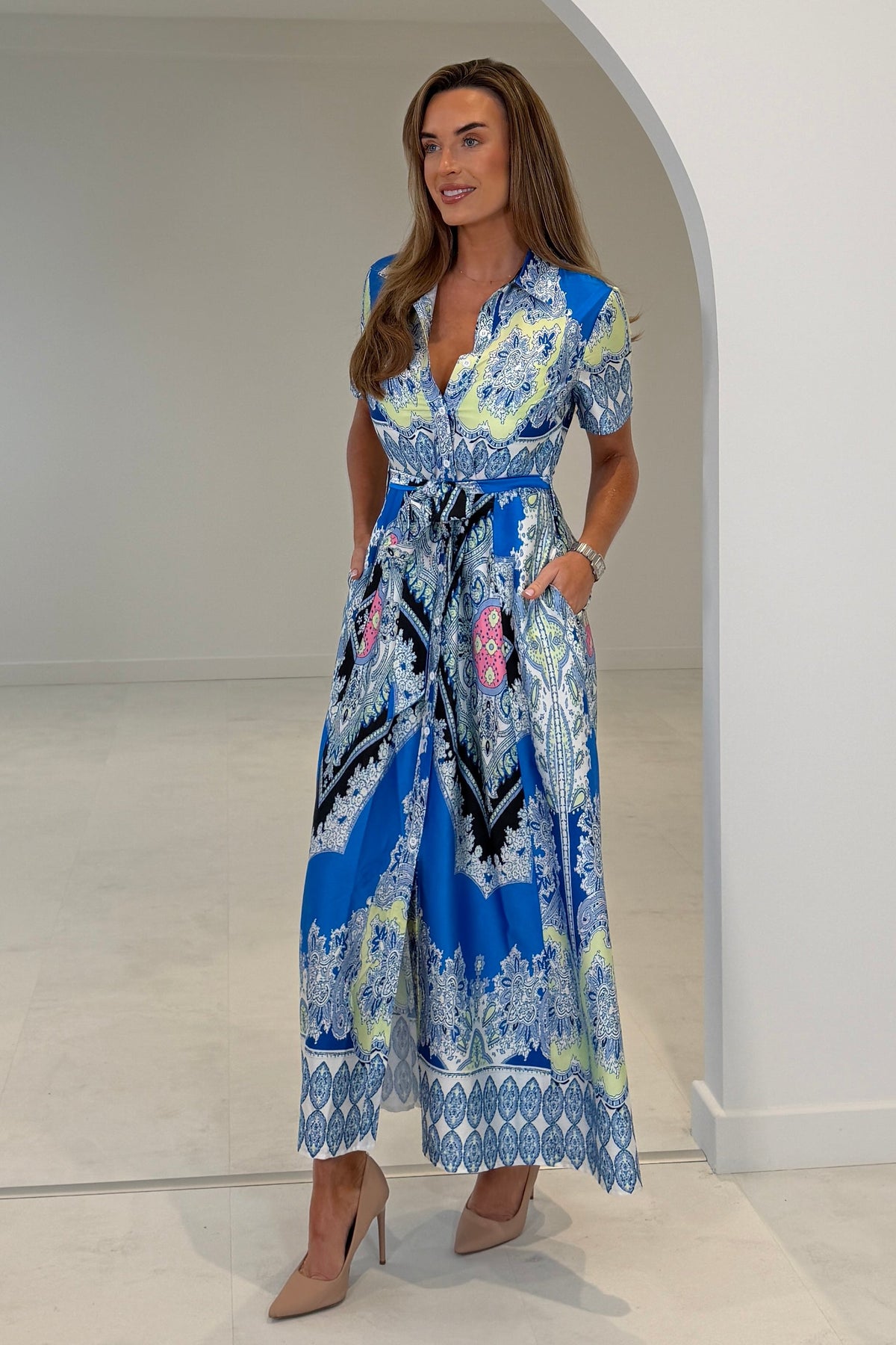 Aurora Paisly Print Midi Shirt Dress Blue (sale)