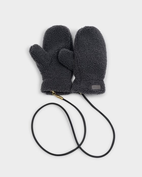 Teddy Mittens With Cord - Charcoal
