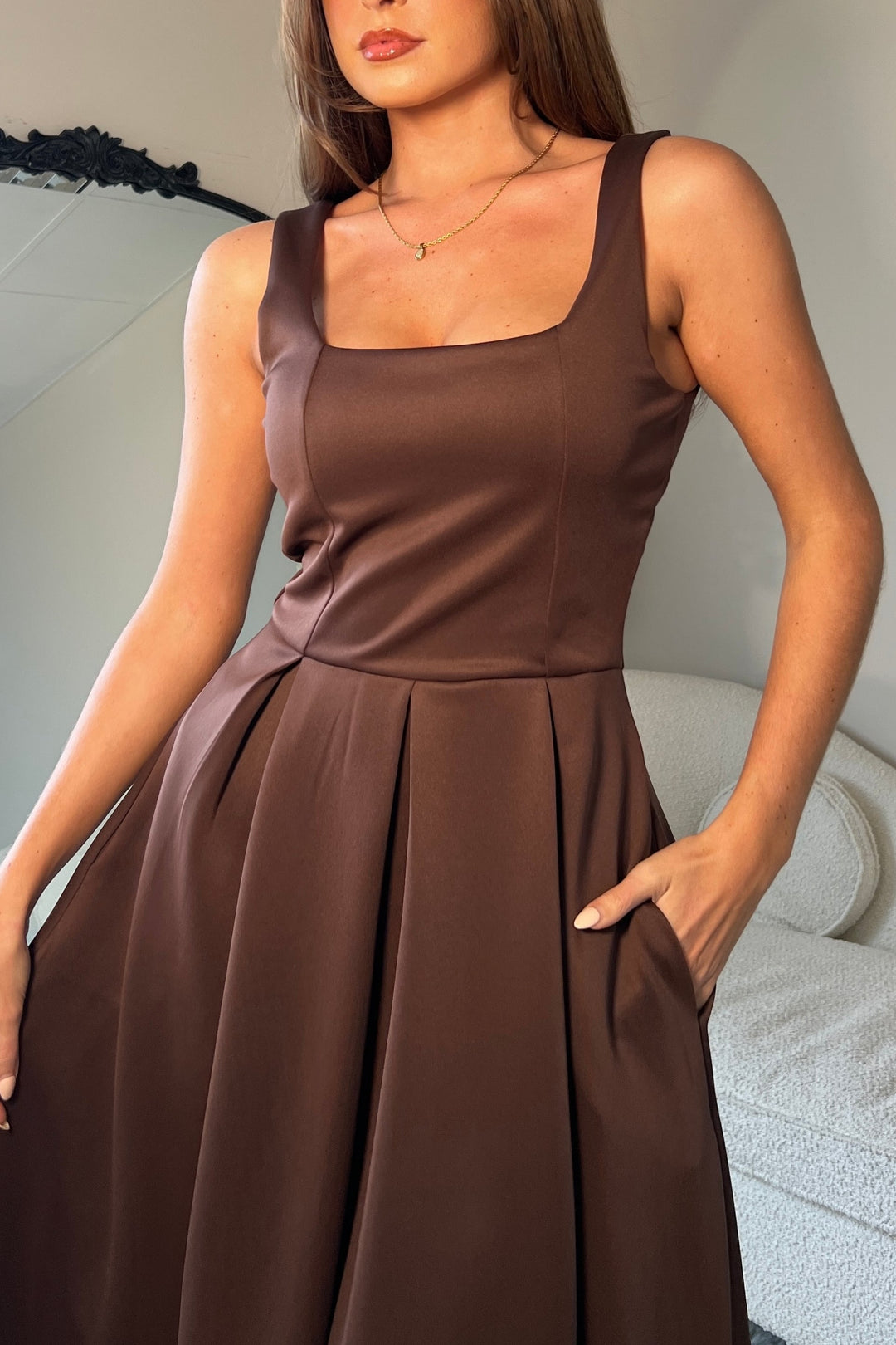 Erica square neck pleated Midi dress in brown