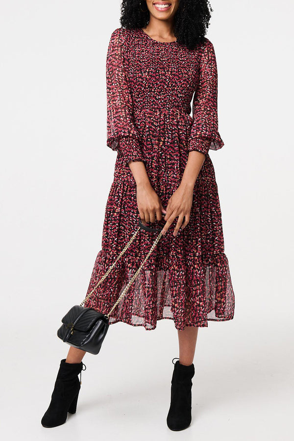 Ditzy Floral smock Midi Dress in Rust