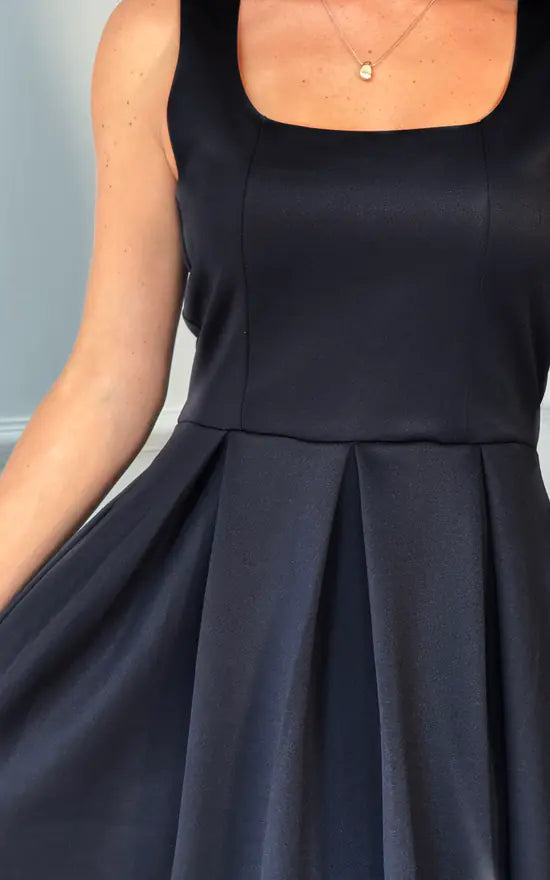 Erica square neck pleated midi dress in Black
