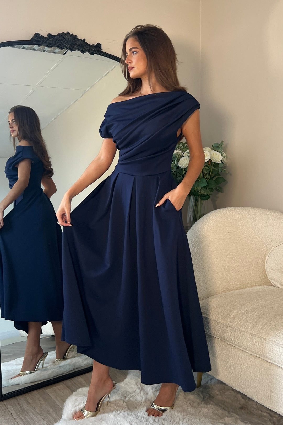 Betty asymmetrical dress in Navy