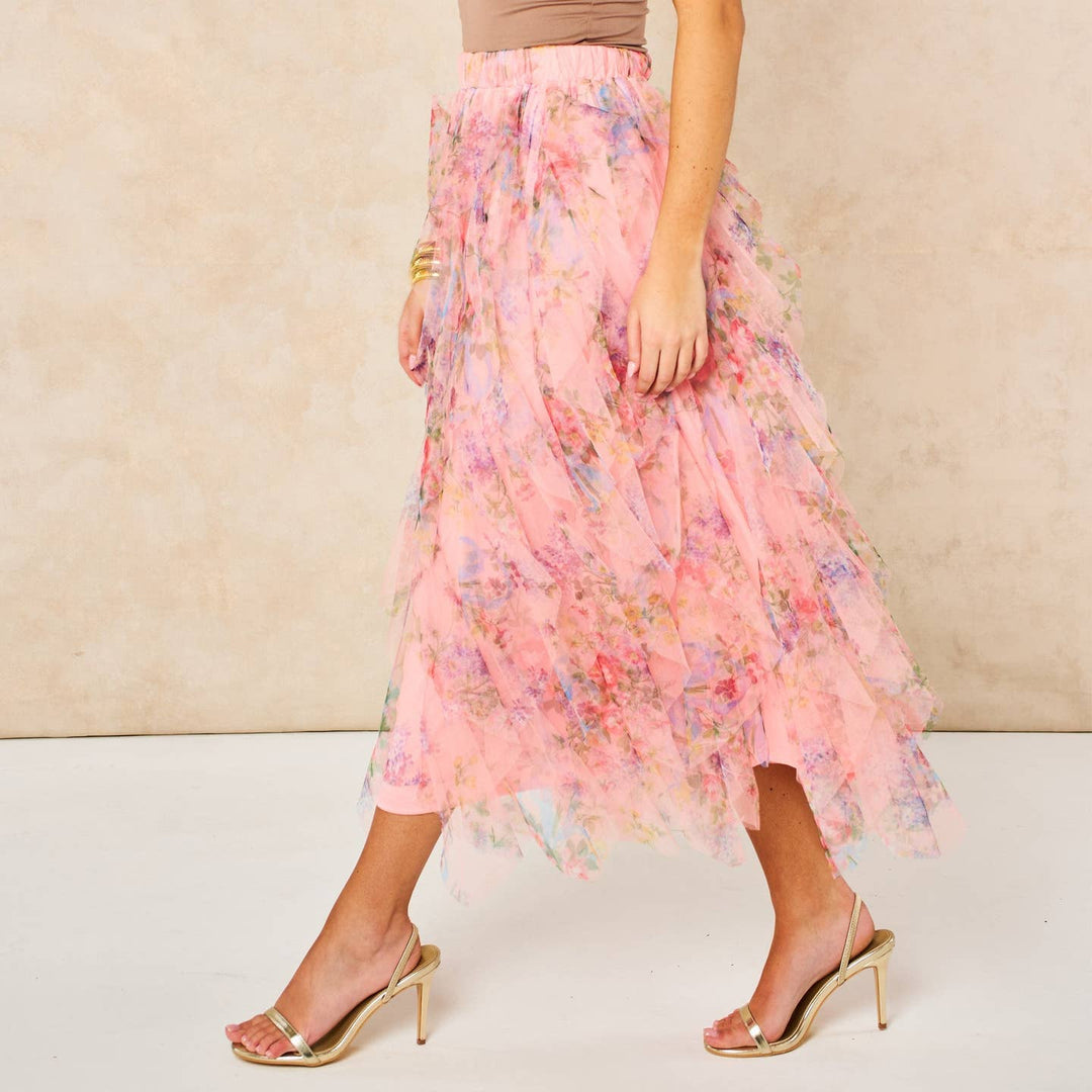 Layla Peach Pink Floral Layered Tulle Maxi Skirt