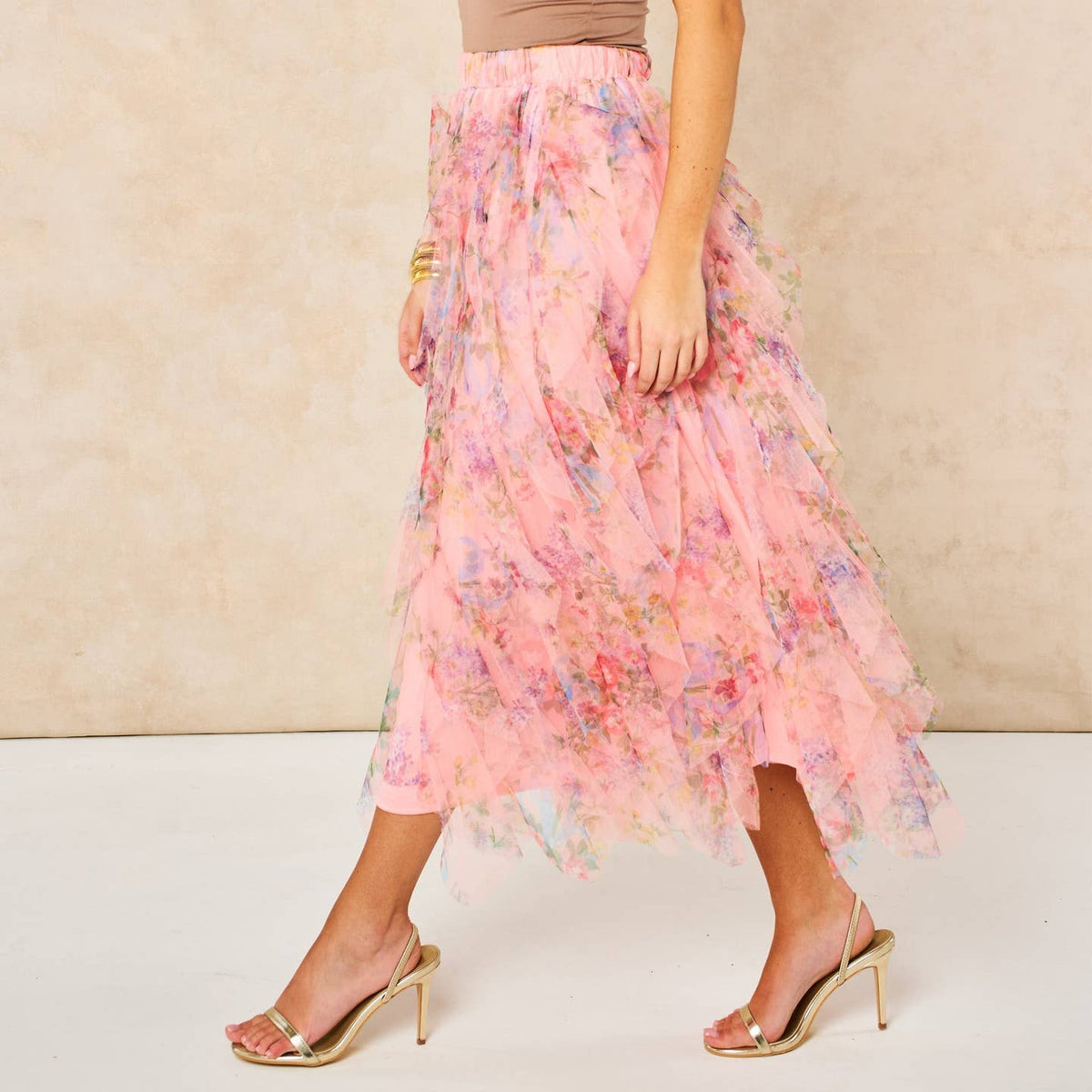 Layla Peach Pink Floral Layered Tulle Maxi Skirt