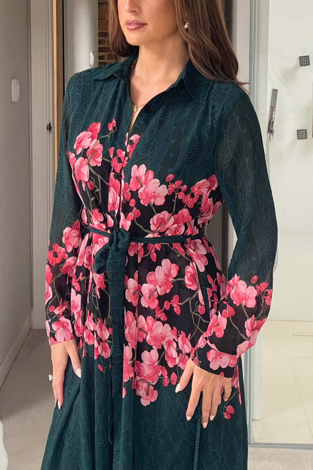 Green floral shirt dress