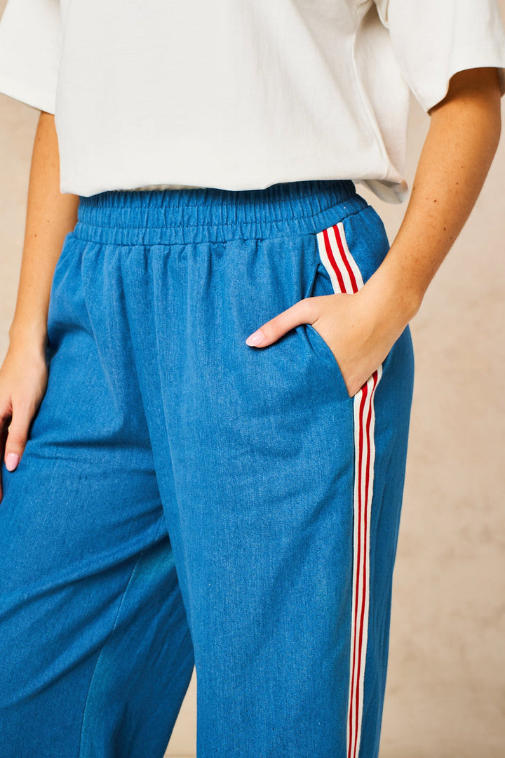 Striped Trim Wide Leg Trousers in Denim Blue
Cotton blend