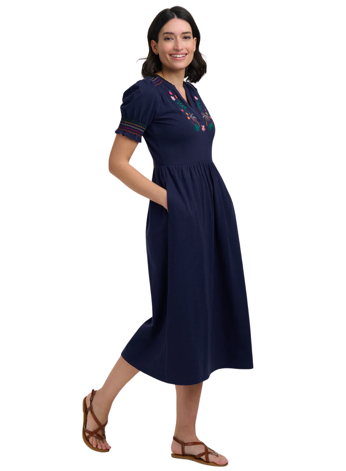 Sugarhill Brighton Esme Jersey Midi Dress Navy, Tropic Palm Embroidery (sale)