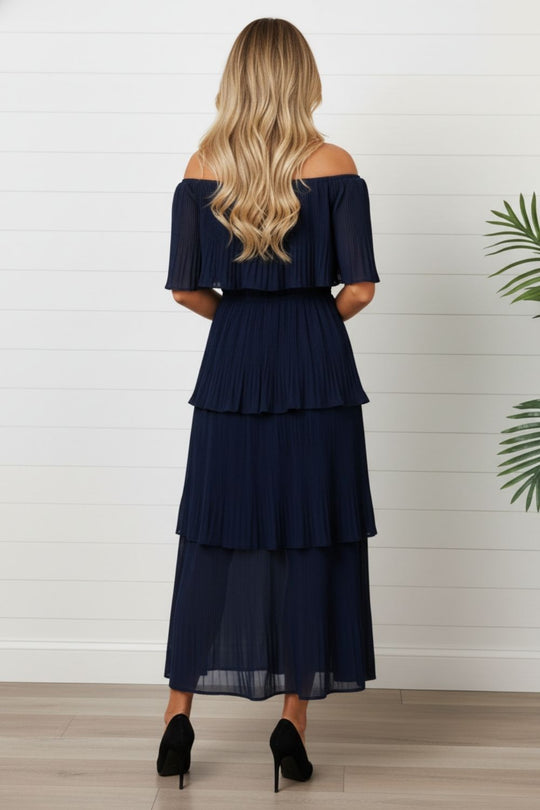 Pleated Layered Tiered Bardot Midi Dress in NAVY