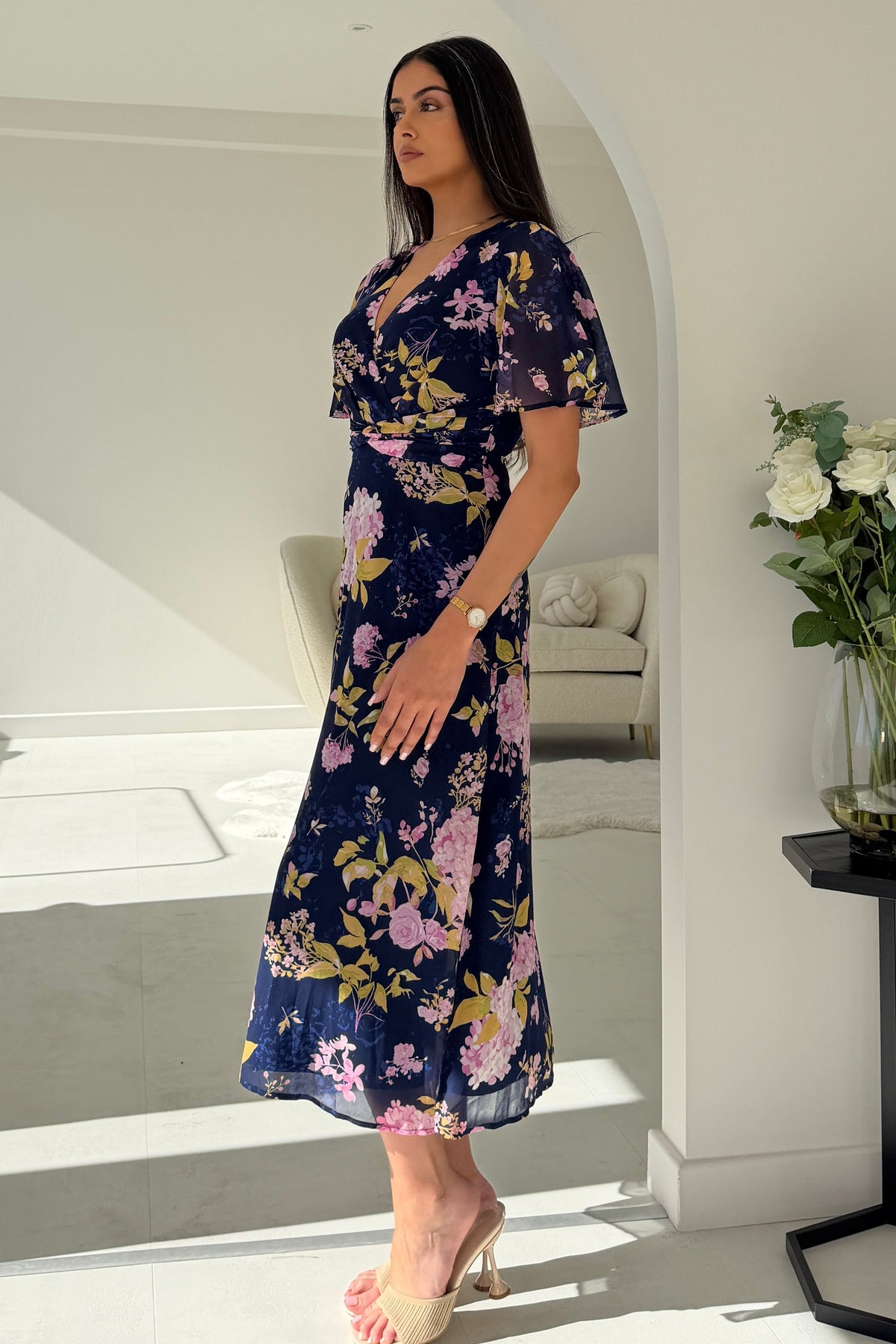 Daisy Wrap Neck Twist Detail Midi Dress Navy (sale)