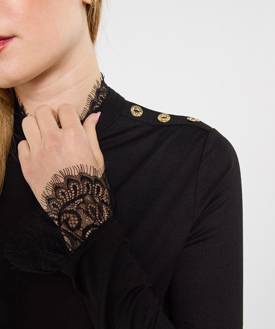 Delicate Lace Trim High Neck Top in Black