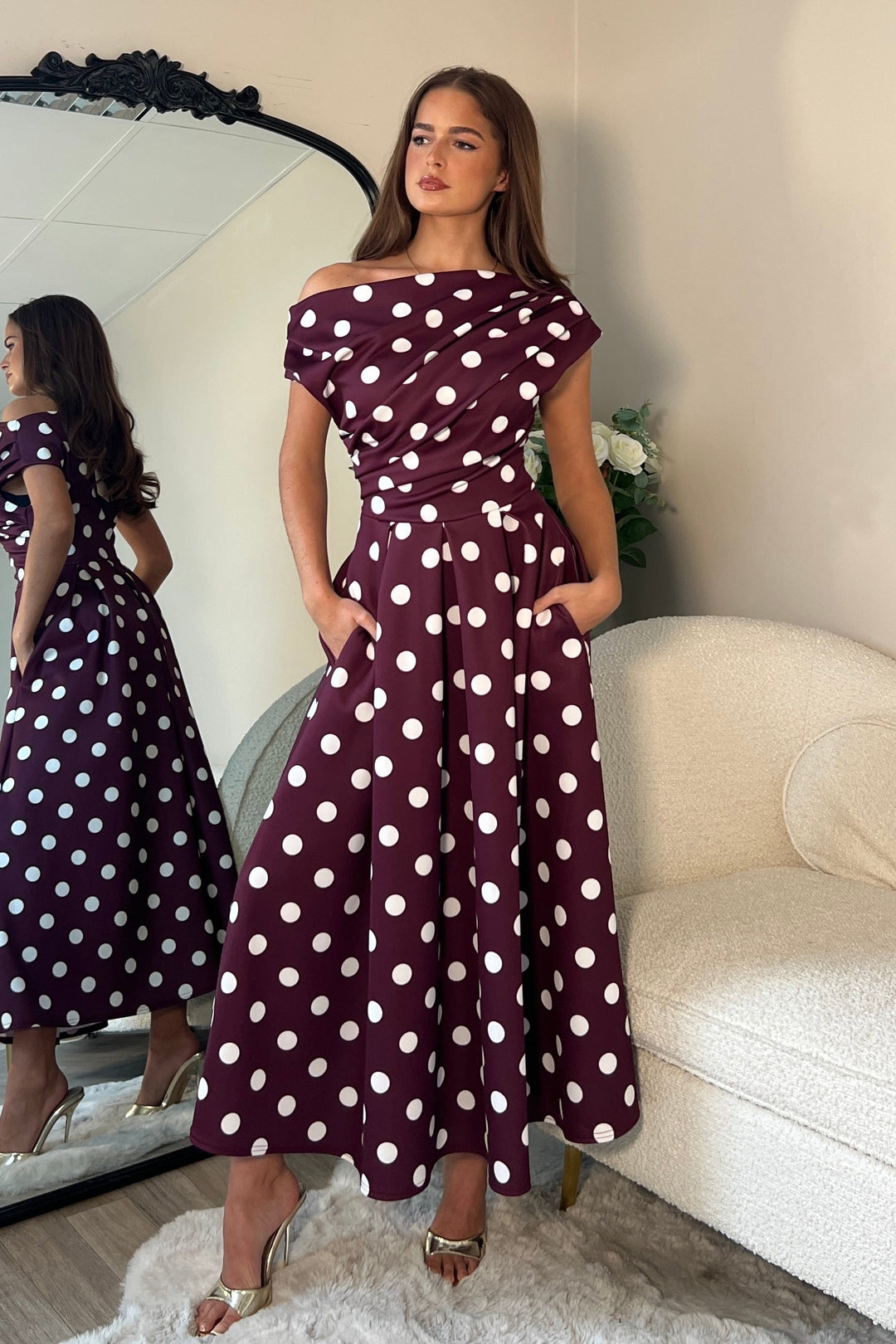 Betty Asymmetric Neckline skater Midi Berry spot