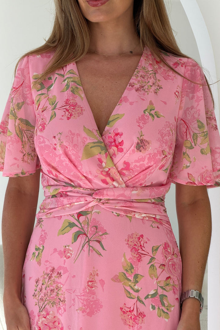 Daisy Wrap Neck Twist Detail Midi Dress in pink